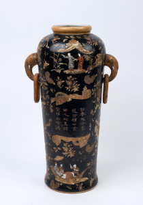 A tall Chinese porcelain vase with black background and elephant head handles, 20th century, ​47cm high