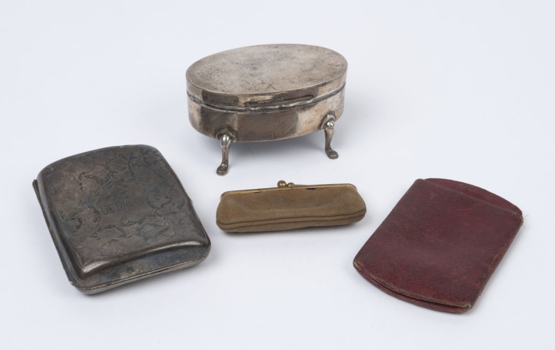 An antique sterling silver cigarette case (96 grams), an oval sterling silver jewellery box, and two antique leather coin purses, (4 items), the jewellery box 9cm wide