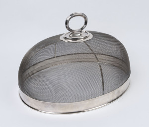 An antique silver plated mesh meat cover by James Dixon & Sons, 19th century, 29cm high, 45cm wide, 36cm deep