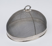 An antique silver plated mesh meat cover, 19th century, 23cm high, 36cm wide, 29cm deep