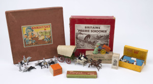 VARIOUS: - Boxed - Vintage Small Toy Selection: with Britains "Prairie Schooner" comprising tin plate wagon with canopy, hollow cast lead horses (4) and two seated wagon occupants, appears complete; Britains "Sentry Box" (No.329) including hollow lead Gua