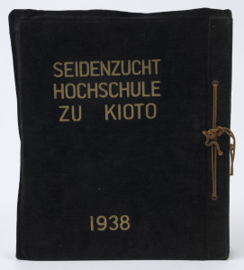 Souvenir photograph album of the Kyoto Sericulture [Silk] Training School, Japan, 1938. Large quarto album (320 x 270mm), original custom binding of black velvet covered boards, the upper board with title in German, stamped in gilt "Seidenzucht Hochschule