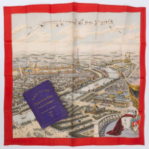 Exposition Universelle de Paris 1900, silk headscarf providing an aerial view of the exhibition with the Eiffel Tower in the distance; bright red border, 40 x 40cm in superb condition; also, "Album Illustrre des Palais & Pavillions Francais & Etrangers de