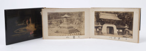 JAPAN: A small photograph album, circa 1900, with laminated wooden covers (defective) containing a collection of 50 albumen prints affixed to the folding pages; each print approx. 9 x 14cm and mostly depicting traditional subjects; a few villages scenes, 