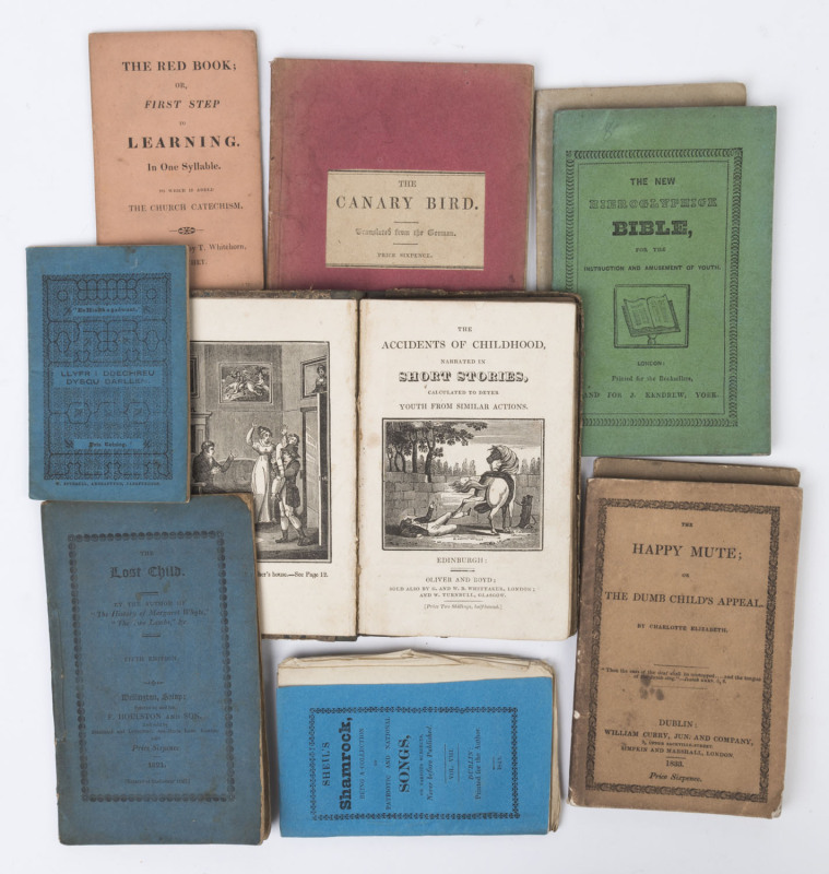 CHILDREN'S CHAPBOOKS: A collection of early 19th century children's stories in 10 small volumes; including "The Accidents of Childhood, narrated in Short Stories, calculated to deter youth from similar actions." and "A Hieroglyphick Bible; for the Amuseme