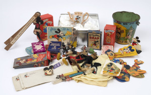Disney endorsed vintage product with incomplete Japanese made, Mickey Mouse lustre tea set with Teapot (no lid), Sugar Bowl, Creamer, Mug & Saucer, Tea Cups (2, one without saucer) and 5 Tea Plates; also toothbrushes (4), Cussons Pluto toilet soap in box,