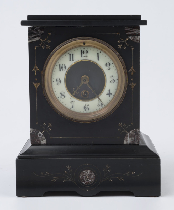 An antique French mantel clock, rouge marble and black slate with gilded highlights, timepiece only with Arabic numerals, 19th century, ​26cm high