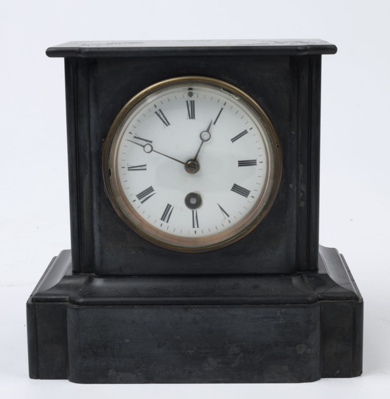 An antique French mantel clock, black slate case, timepiece only with Roman numerals, 19th century, 19cm high