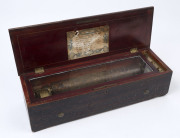 An antique Swiss music box in timber case, single barrel with six tune selection, 19th century, ​13cm high, 52cm wide, 17cm deep