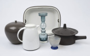 Scandinavian art glass vases, ceramic vase, pot and dish plus a plastic water jug, 20th century, (6 items), ​the blue glass vase 22.5cm high