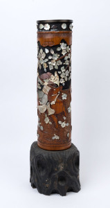 A Japanese Shibayama pot on carved wooden stand, Meiji Period, with numerous losses, ​66cm high