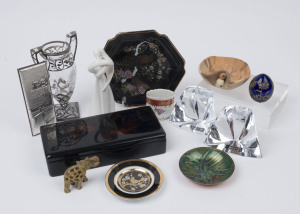 An antique Bohemian blue glass and gilt egg ornament, assorted dishes, lacquered box, elephant statue, porcelain statue, glass candle holders, silver plaque and antique silver overlay vase, 19th and 20th century, (13 items), the box 23cm wide