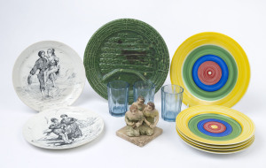 French cabinet plates, Art Deco plates, three glasses, statue and French green majolica dish, 19th and 20th century, (12 Items), the majolica dish 25cm diameter