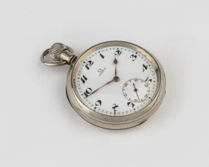 OMEGA open face pocket watch, nickel dial with rose gold hands, Arabic numerals and subsidiary seconds dial, ​7cm high overall