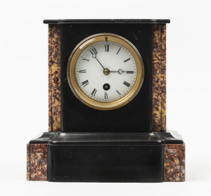 An antique French mantel clock, rouge marble and black slate, timepiece only with Roman numerals, 19th century, 22cm high