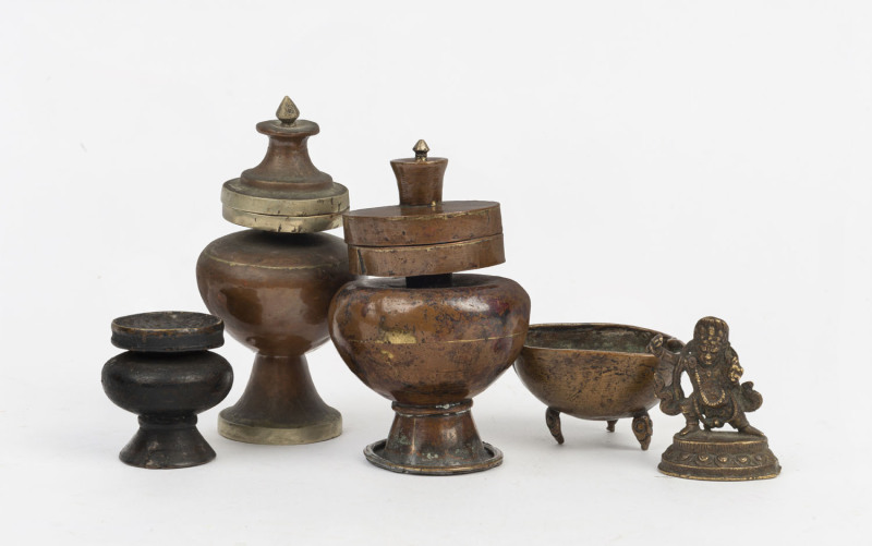 A selection of antique Tibetan bronze vessels and statue (5 items), 15th century, the largest 14.5cm high