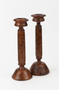 A near pair of English treen ware candle sticks, birdseye yew, 19th/20th century, 29 and 30cm high