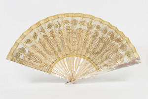 An antique ladies fan, mother of pearl with silk sequin embroidery, 19th century, with original box, 23cm high, 40cm wide