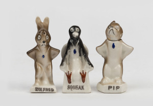 Pip, Squeak & Wilfred ceramic salt & pepper shakers and mustard pot condiment set, c.1920s, tallest 7cm.