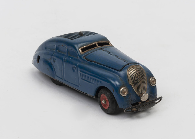 SCHUCO: "Commando 2000" wind-up car (winder missing), blue paintwork; made in U.S. Zone Germany, c. late 1940s, length 14.5cm.