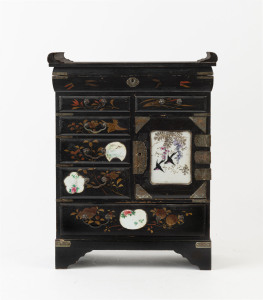 A Japanese traveling jewellery vanity box, lacquer ware with porcelain panels, Meiji period, ​41cm high