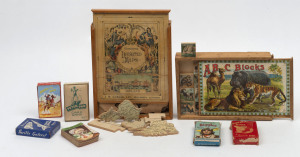 EDUCATIONAL TOYS: with late 19th Century German made lithographed ABC Blocks/ Dissected Puzzle Set (missing piece) in wooden box, "Superior" Dissected Map of Ireland by A.W. Gamage Ltd (Holborn, London); also 1930s-40s Pepys Series card games including Bi