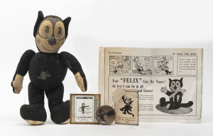 "FELIX THE CAT": vintage selection with late 1940s well-loved Australian-made "Felix" plush soft toy with articulated head and limbs (plus 1948 "Felix Magazine" photocopy of an advertisement showing the toy); also Felix glass slide by T.W. Cameron (Bourke