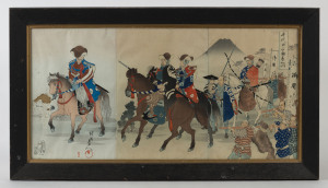 A three page Japanese woodblock print of a noble man and entourage, Meiji Period, ​35 x 70cm