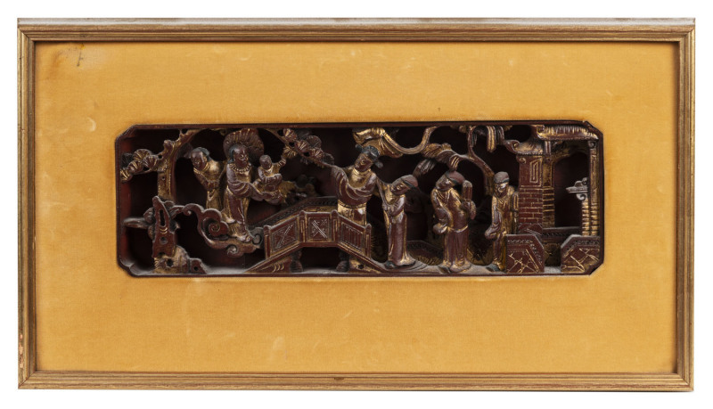 A Chinese carved and lacquered timber panel, 20th century, framed and mounted, 28 x 50cm overall