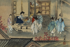 A Japanese interior scene watercolour, Meiji period, 20th century, ​28 x 40cm