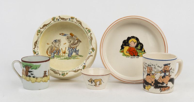 CHILDREN'S CERAMICS: comprising child's feeding bowls (2) one showing Two Koalas Playing Cricket, stamped 'Falcon Playtime/Made in England', the other showing Child Sleeping captioned 'Walt Disney/Lullaby Land' made by Wade Heath England, also "Big, Bad W