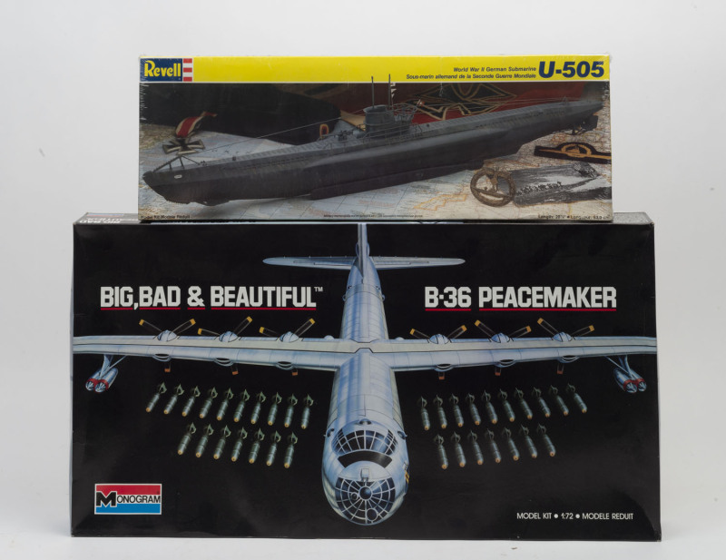 SCALE MODEL KITS: - Boxed - with Revell U-505 Submarine, model length 53cm when complete, shrink wrapped in original box; also Monogram 1:72 model of B-36 "Peacemaker" Bomber, also complete in original box. (2 items)