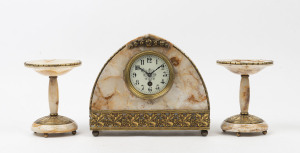 An Art Deco mantel clock set, marble case with gilt metal grape motif, circa 1930, ​the clock 25cm high, 30cm wide