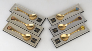 GEORG JENSEN Danish sterling silver set of six year spoons with enamel decoration and gilt finish, with original boxes and papers, near mint condition, late 20th century, 15cm long, 274 grams total