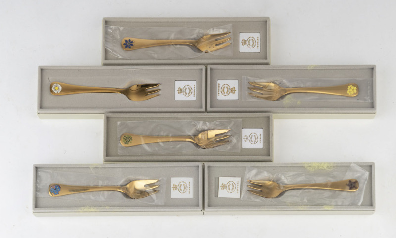 GEORG JENSEN Danish sterling silver set of six year forks with enamel decoration and gilt finish, with original boxes and papers, near mint condition, late 20th century, 13.5cm long, 156 grams total