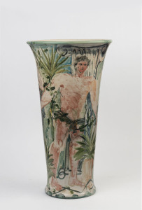 An art pottery floor vase with hand-painted classically inspired scene, 20th century, signature to base (illegible), 60cm high