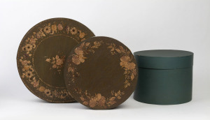 A Shaker style painted wooden box together with two hand-painted wooden boxes, late 20th century, (3 items), the largest 42cm diameter