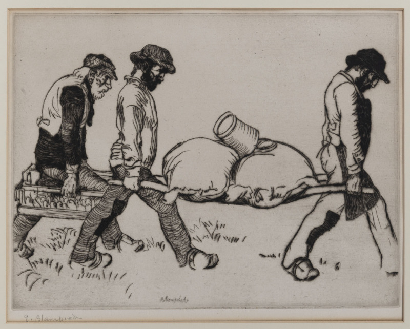 EDMUND BLAMPIED (English, 1886 - 1966), (Untitled - Farm workers), dry-point etching, signed in the plate and in pencil in lower margin,