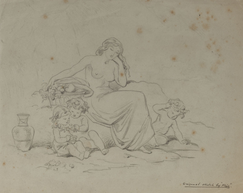 HABLOT KNIGHT BROWNE ("Phiz") (English, 1815 - 1882), (Female resting, with children and fruit basket), pencil sketch, endorsed in ink at lower right "Original sketch by 'Phiz'", 23 x 30cm.