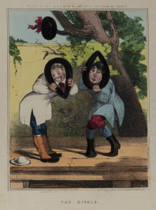 MECHANICAL ETCHINGS: Group of five (5) hand-coloured images by Richard Evan SLY and by William SPOONER, all circa 1800 - 1845. Images include "Popping the Question", "The Lover" and "A Very Suspicious Tenant" and all require moving a disc or opening a fla