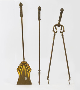 A set of three antique English brass fire irons, 19th century, ​the shovel 67cm long