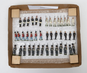 BRITAINS: - 54mm Hollow Cast Lead - Mostly British Selection: c.1950s group of figures comprising House Guards Sentry (6), Royal Navy White jackets (8), Royal Marines (7), Grenadier Guards in Winter Overcoats (14); also Danish Infantry figures (7); all fi