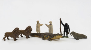 BRITAINS: - 54mm Hollow Cast Lead - Zoo Animals: 1950s group comprising Nile Crocodile, Lions (2), Walrus, Polar Bears (2) and a Gorilla. (7 items).