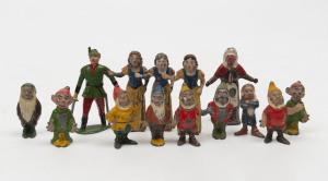 BRITAINS: - 54mm Hollow Cast Lead - Snow White and Seven Dwarfs: Snow White (3) and the Seven Dwarfs, plus an extra "Doc" & Dopey"; also "Robin Hood" and "Old Mother Hubbard"; c.1950s. (14 items)