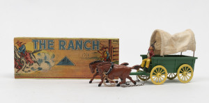 TIMPO: - Boxed - "The Ranch" Series Wagon: American Frontier, die cast covered wagon, two horses and detachable seated wagoner (with wire whip), c.1940s, box 21x8cm.