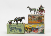BRITAINS: - Boxed - Agricultural Transport: comprising Tumbrel Cart, Model No.4F, with Hay Ladders, farmer (with whip) and a seated figure; Horse Roller with Man, Model No 9F; Farmer's Gig, Model 20F with seated operator; c.1950s, all with original boxes,