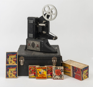 1930s Univex 8mm Film Projector in case (33x28cm), plus selection of 8mm Films, about 50% are Disney/Mickey Mouse productions, including "Donald in High Altitude", "Mickey's Fly Trap" & "Pluto's Fish Story" (20); also Magic Lantern Slides (47) in variable