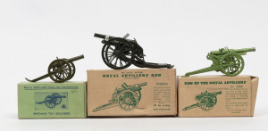 BRITAINS: - Boxed - Royal Artillery Guns: comprising "Royal Artillery Gun", Model No. 1201, length 12cm; "Gun of the Royal Artillery", Model No. 1292, length 11cm; "Royal Artillery Gun and Ammunition" (Ammunition missing), Model No.1263, length 9cm; c.195