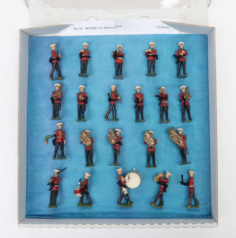 BRITAINS: - 54mm Hollow Cast Lead - U.S. Marine Band: group of figures including Bass & Snare Drummer, various wind instrumentalists, all with articulated arms; couple with faults, c.1950s. (21)