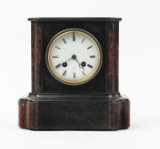 An antique French mantel clock, rouge marble and black slate case, time and strike movement with roman numerals, dial marked "Raingo Bros., Paris", 22cm high